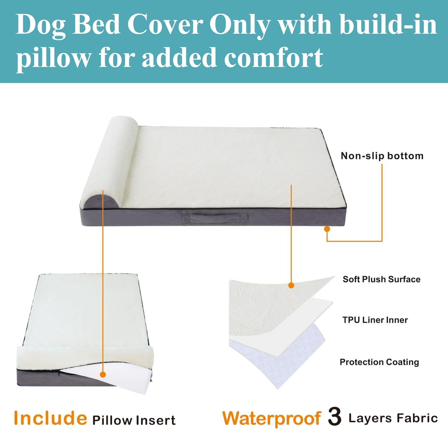 Dog Bed Covers Replacement Washable, Soft Plush Dog Bed Covers With Zipper And Removable Built-In Orthopedic Pillow, 44X32X4 Inc