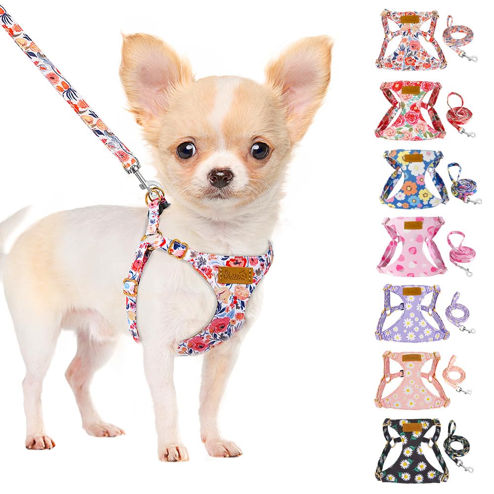 Slowton No Pull Dog Harness With Leash - Soft Lightweight Floral Pattern Puppy Harness, Adjustable Pet Harness For Small Medium 
