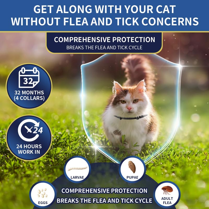 4 Pack Flea Collar For Cats 32 Months Prevention, Waterproof Natural Treatment Collar Adjustable For All Breeds And Size(Black &