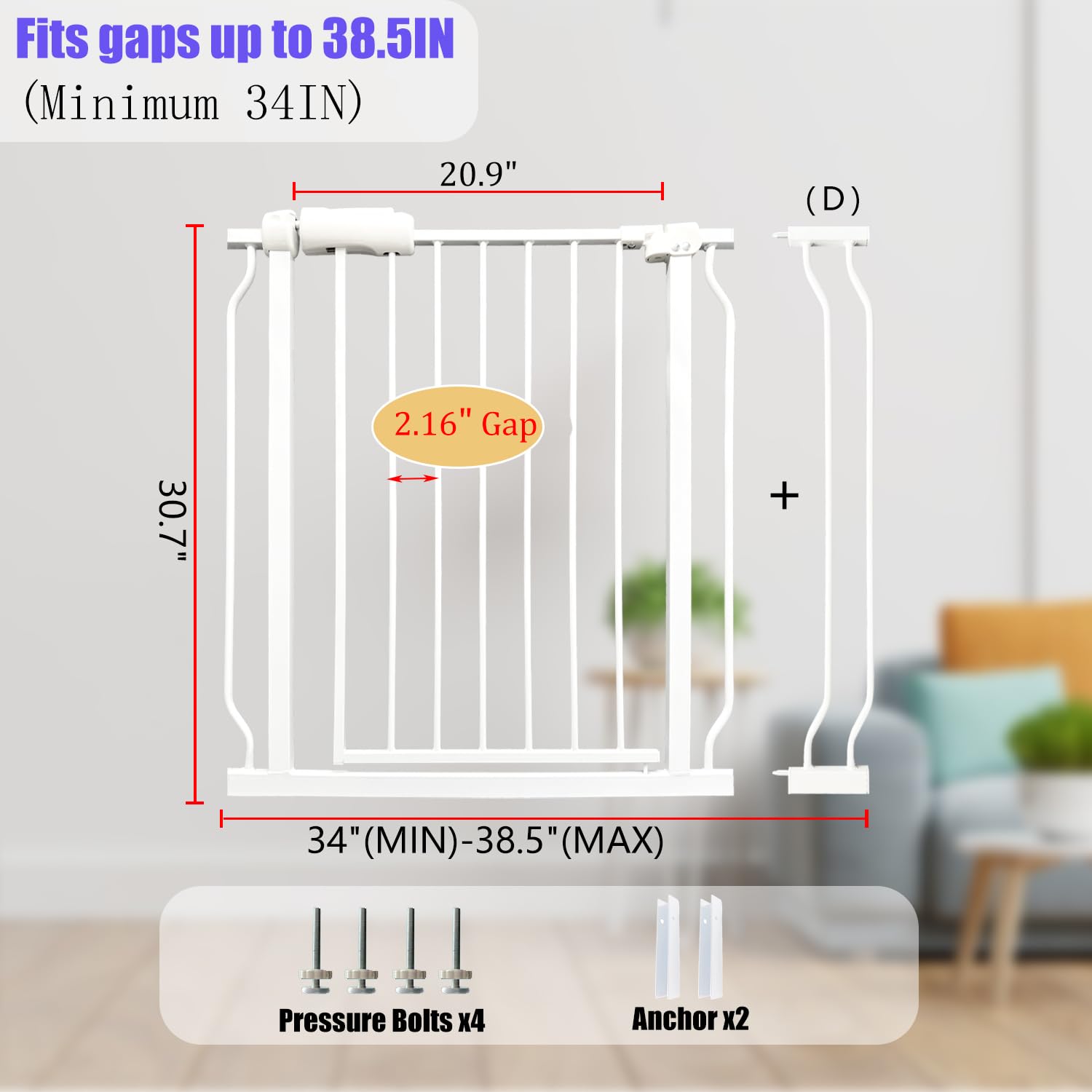 Vothco Extra Wide Baby Gate - Pressure Mounted Child Gate for Doorways & Stairs, 34-38.5 Inch, White, Model 20201117-BG-L