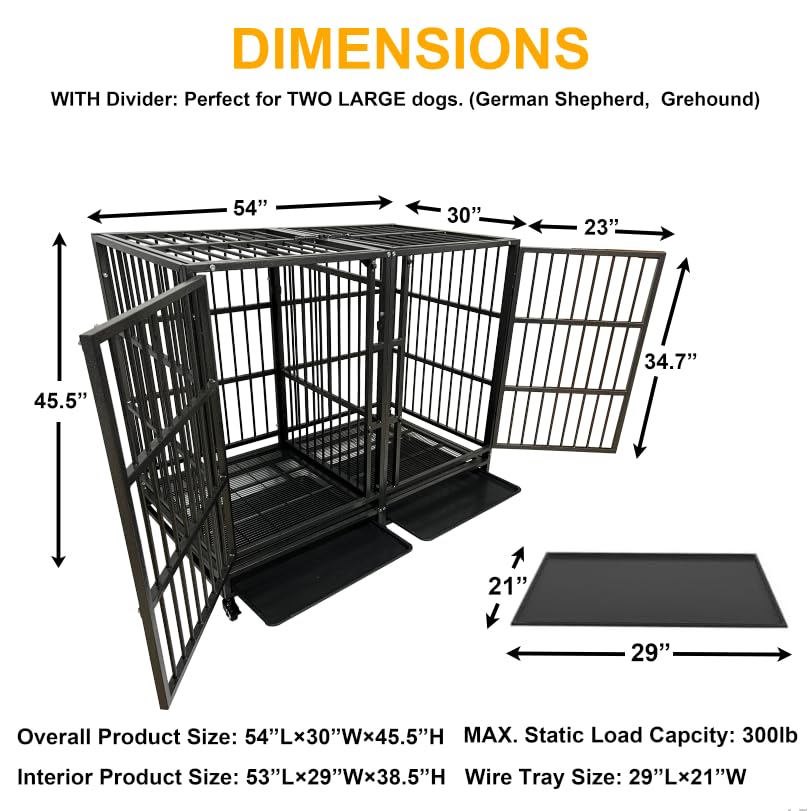 BOLDBONE 54 Heavy Duty Indestructible and Escape-Proof Dog Crate Cage Kennel with Divider for 2 Large Dogs, High Anxiety Dog Cra