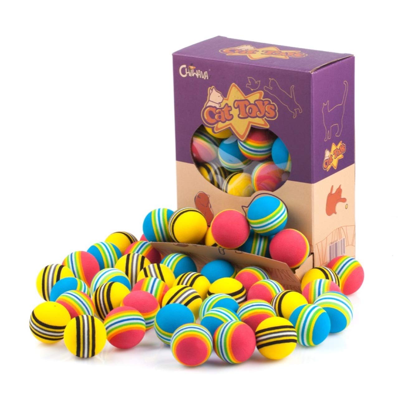 Chiwava 45 Pack 1.7'' Foam Cat Toys Ball Rainbow Color Balls Kitten Activity Chases Quiet Play Mix Color