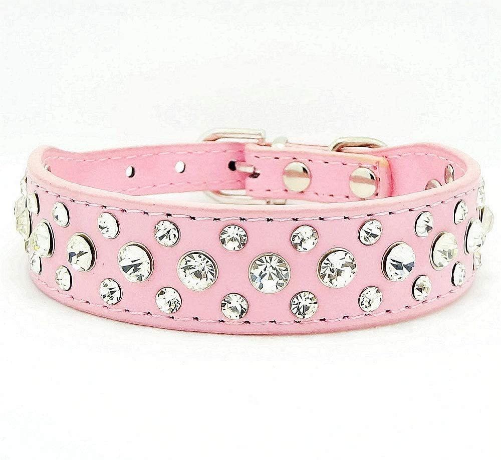Rhinestone Dog Collar, Bling Rhinestone Pu Leather Crystal Diamond Pet Dog Cat Puppy Collar Black S M L Xl (L, Pink)