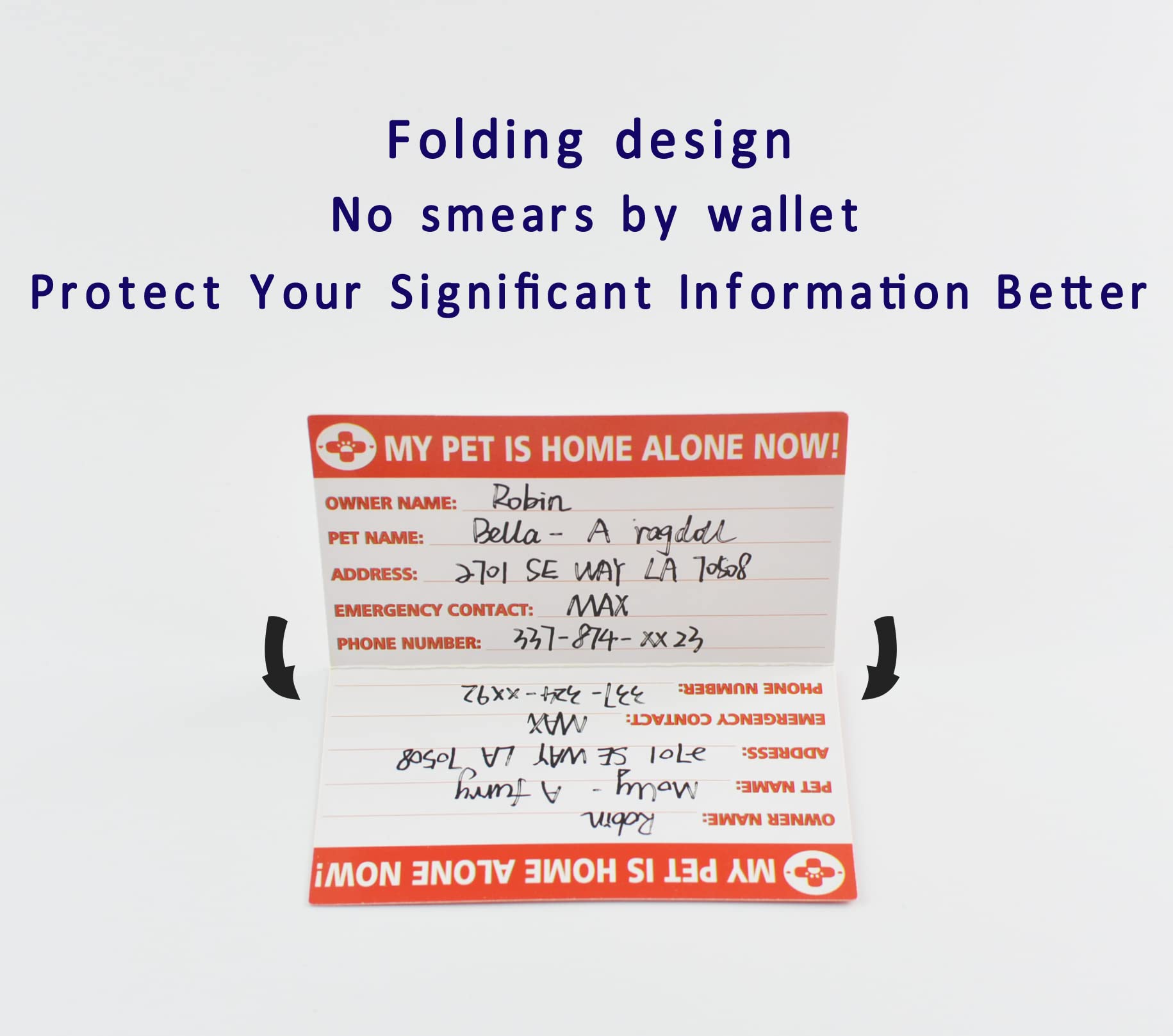 My Pets, Dogs & Cats Are Home Alone Alert Key Tag Keychain Emergency Contact Wallet Card Folded - 2 Writable Back Sides (Pet Emergency Wallet Card & Tag)