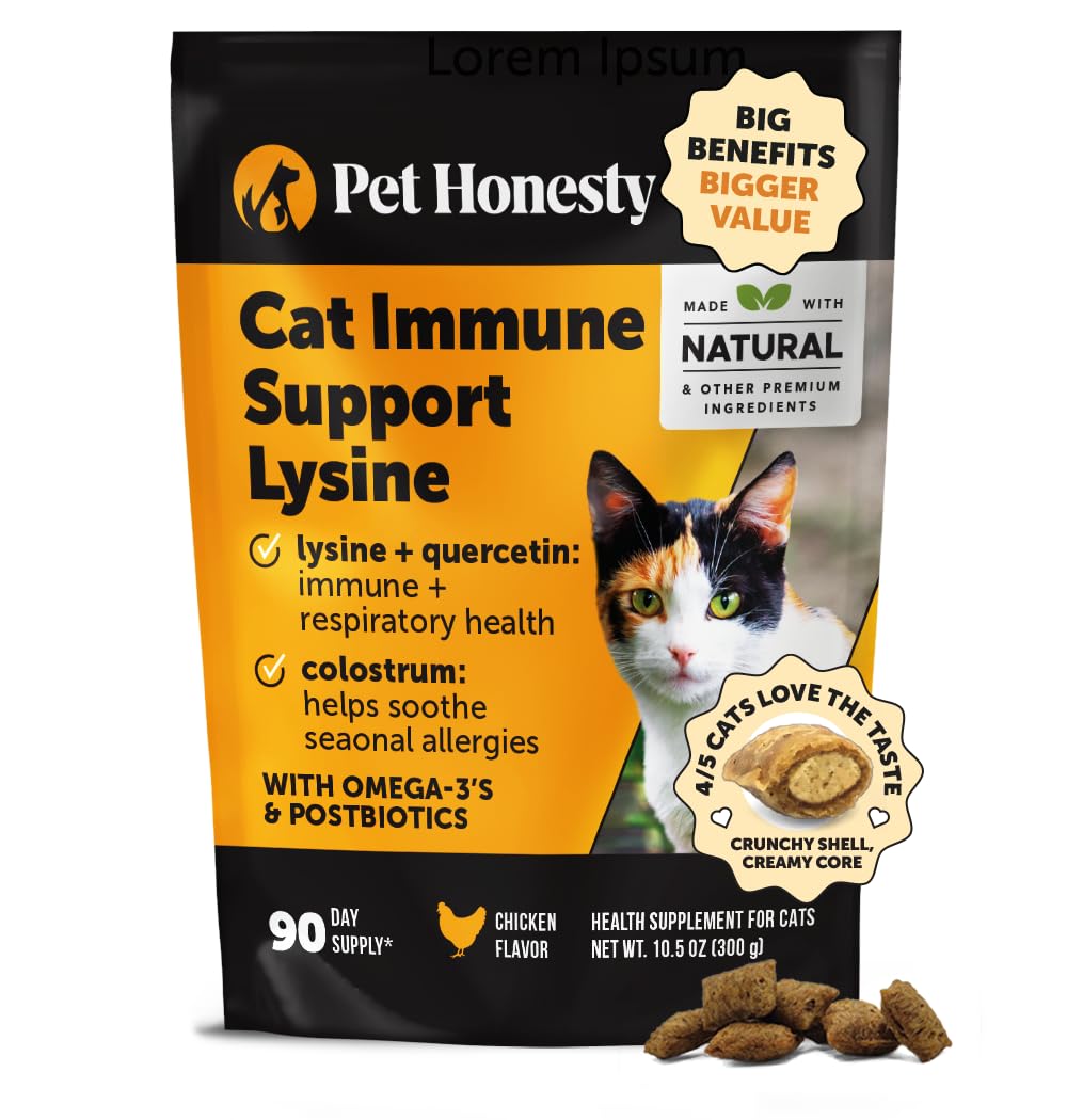 Cat Immune Support Lysine - Allergy Relief & Immune Health Supplement for Cats with L-Lysine, Colostrum, Quercetin & Omega-3 - S