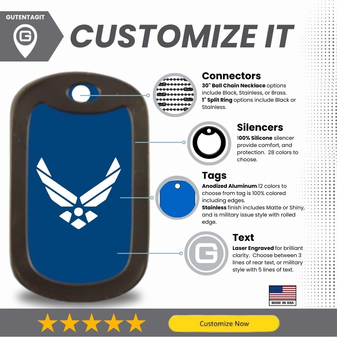 Gutentagit Air Force Custom Military Dog Tag Necklace - Engraved, Personalized, Black, 2'' X 1.5''