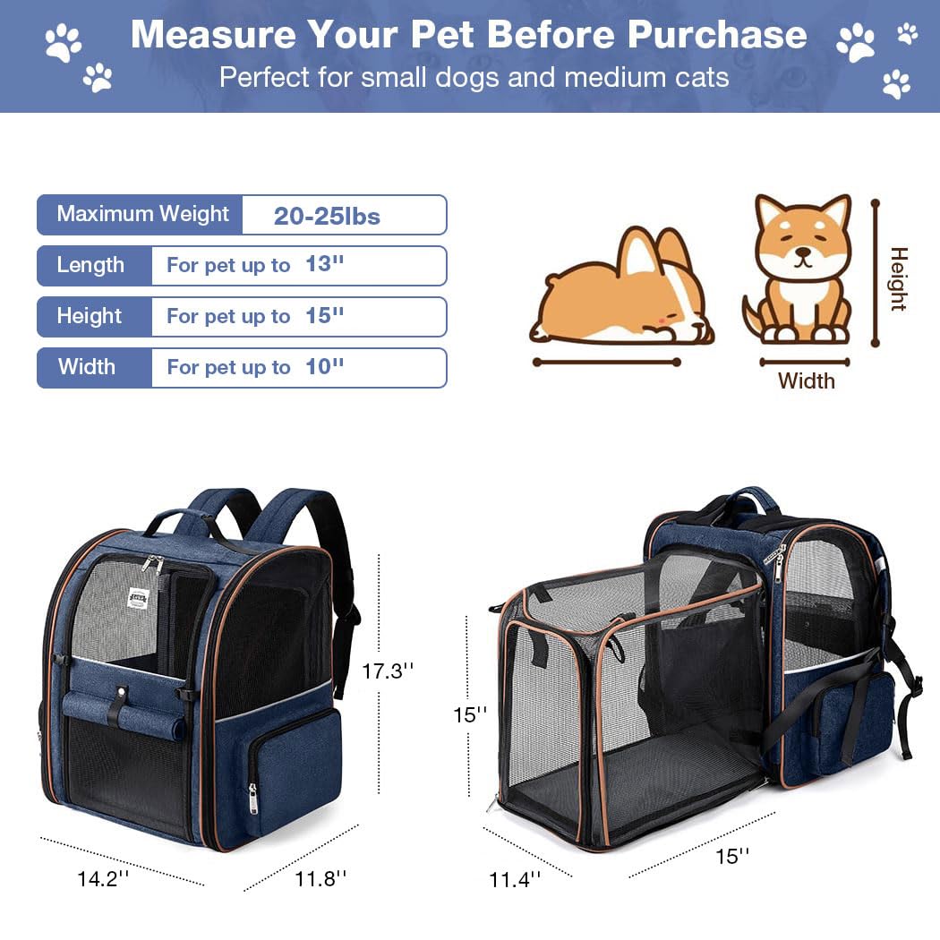 Lekebobor Extra Large Cat Backpack Carrier Expandable Pet Carrier Backpack For Small Dogs Medium Cats Fit Up To 18 Lbs, Dog Back