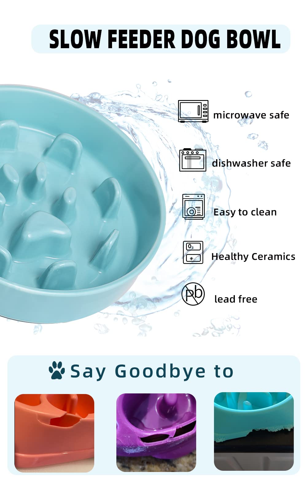 Slow Feeder Dog Bowls, Ceramic Fun Slow Eater Bowl For Small Medium Breed (Turquoise)