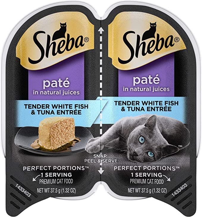 Sheba Perfect Portions Wet Cat Food Pate Tender White Fish and Tuna Entree, 2.6 oz. Twin-Pack Trays (24 Count, 48 Servings)