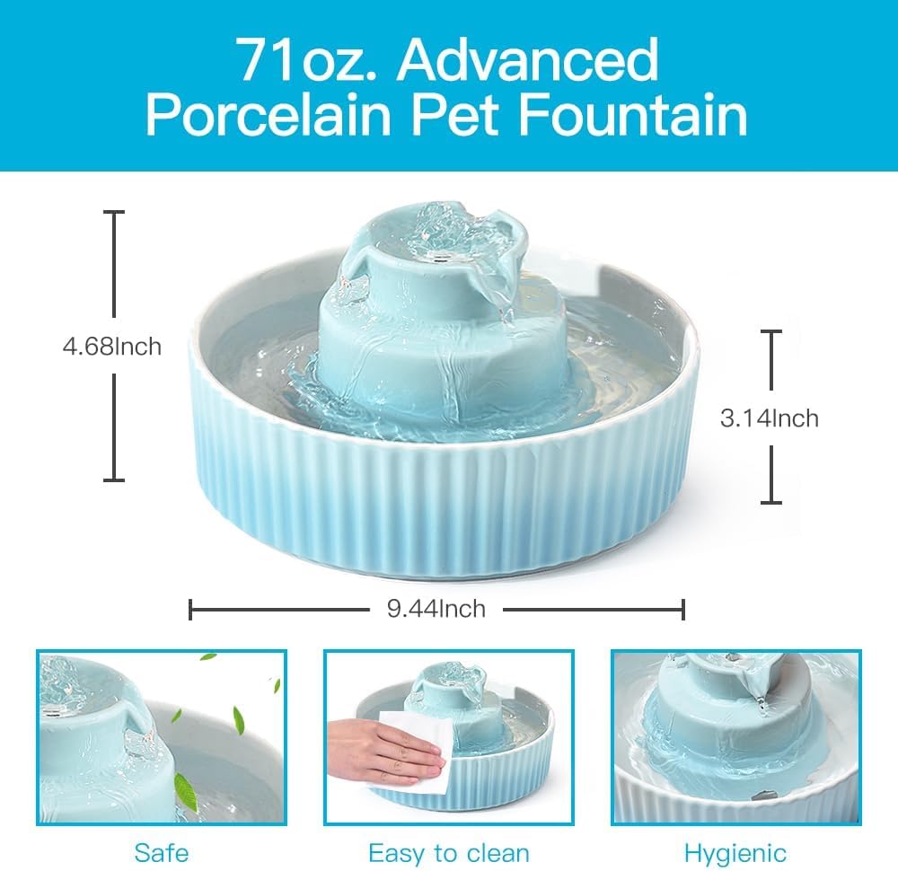 2.1L Ceramic Cat Water Fountain-for Cats and Dogs, 360 Ceramic Pet Fountain-70 Oz Large Water Capacity - Whisper-Quiet Water Flo