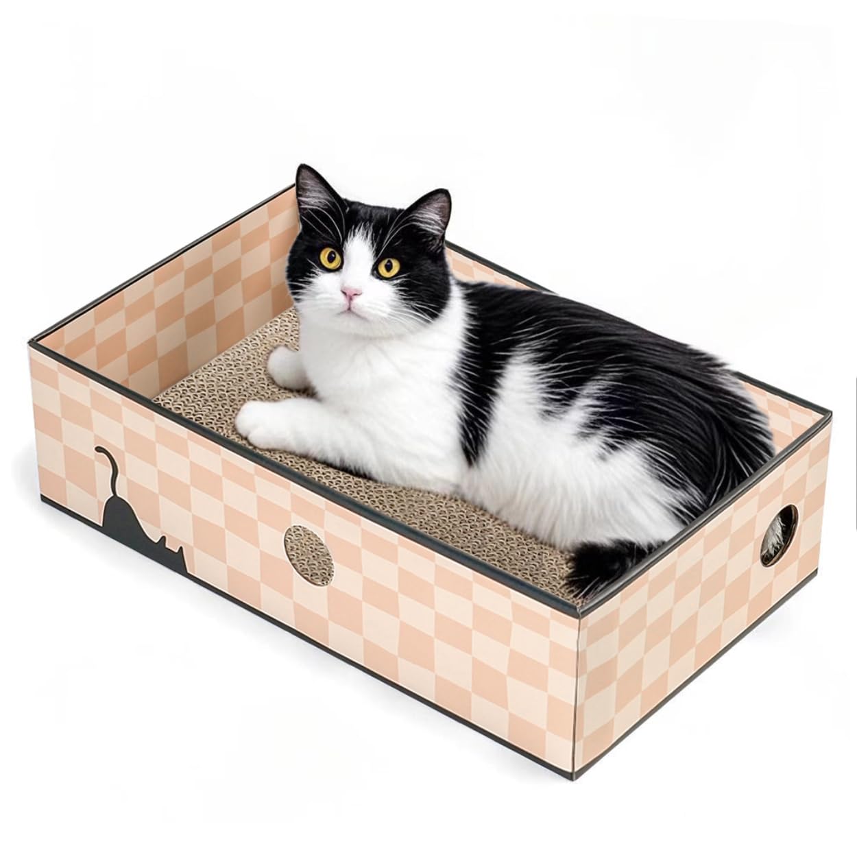 Conlun Cat Scratcher Box With 3-Layer Corrugated Board, Heavy-Duty Double-Sided Cardboard Cat Bed, Interactive Hole Design, Chec
