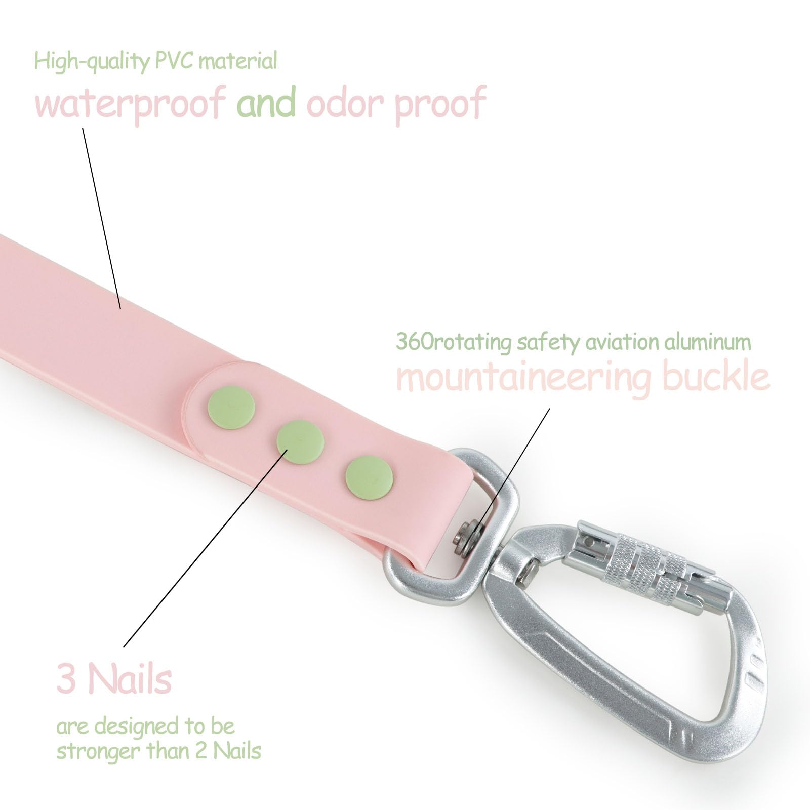 Wolfone 6Ft Safety Auto-Lock Carabiner Dog Leash Soft Handle Waterproof Cute Colored Leash For Dogs Pale Pink