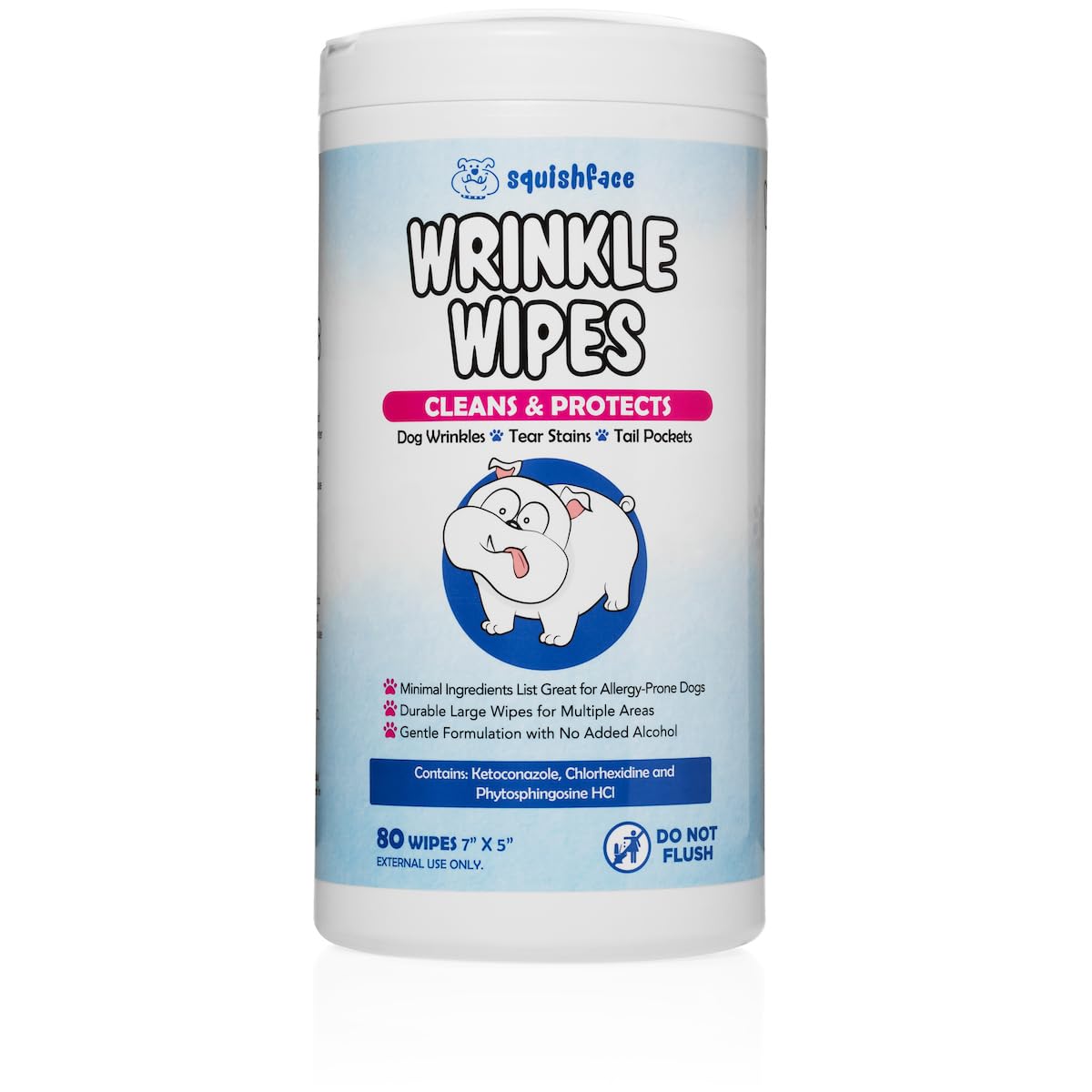 Squishface Wrinkle Wipes - 80 Count Deodorizing Dog Wipes for Tear Stains - Ideal for Bulldogs, Pugs, Frenchies & All Breeds - 5x7