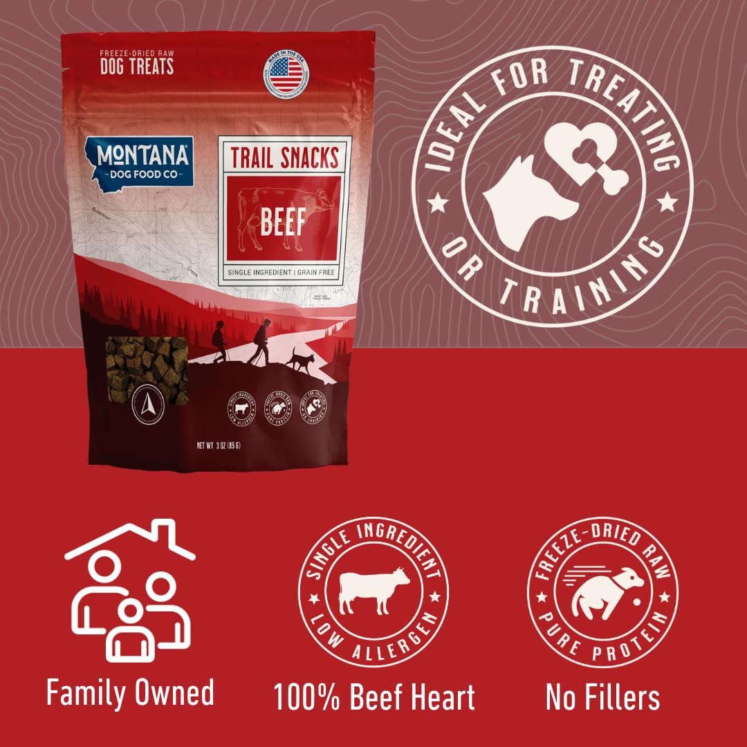 MONTANA DOG FOOD CO. Freeze-Dried Beef Heart Dog Treats (Trail Snacks) - 100% Natural, Single Ingredient, High Protein, Grain-Fr