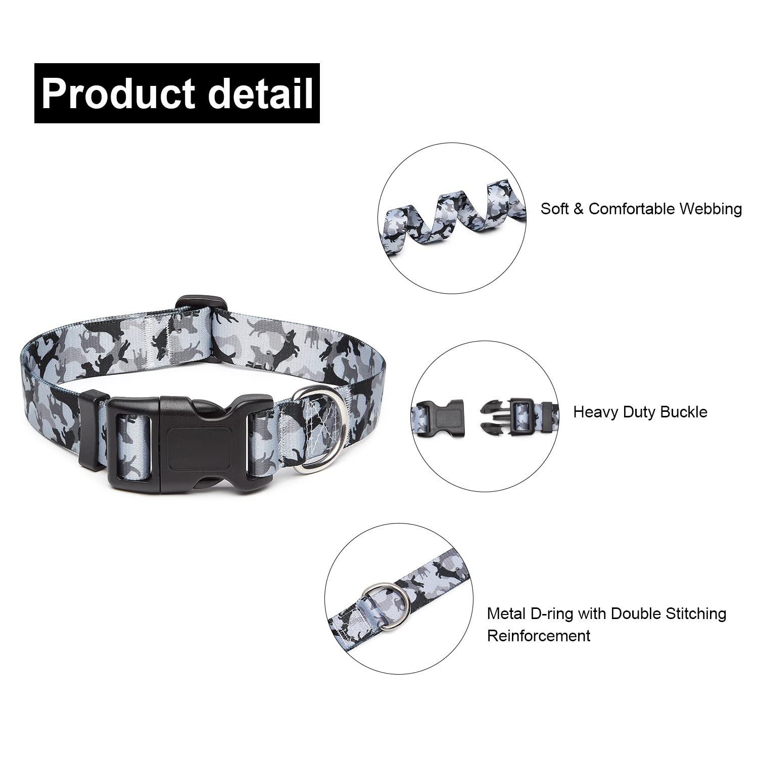 Mercano Adjustable Dog Collar - Special Design Patterns, Soft Nylon Comfortable Durable Pet Collar For Small Medium Large Dogs (L, Dog Camouflage Grey)