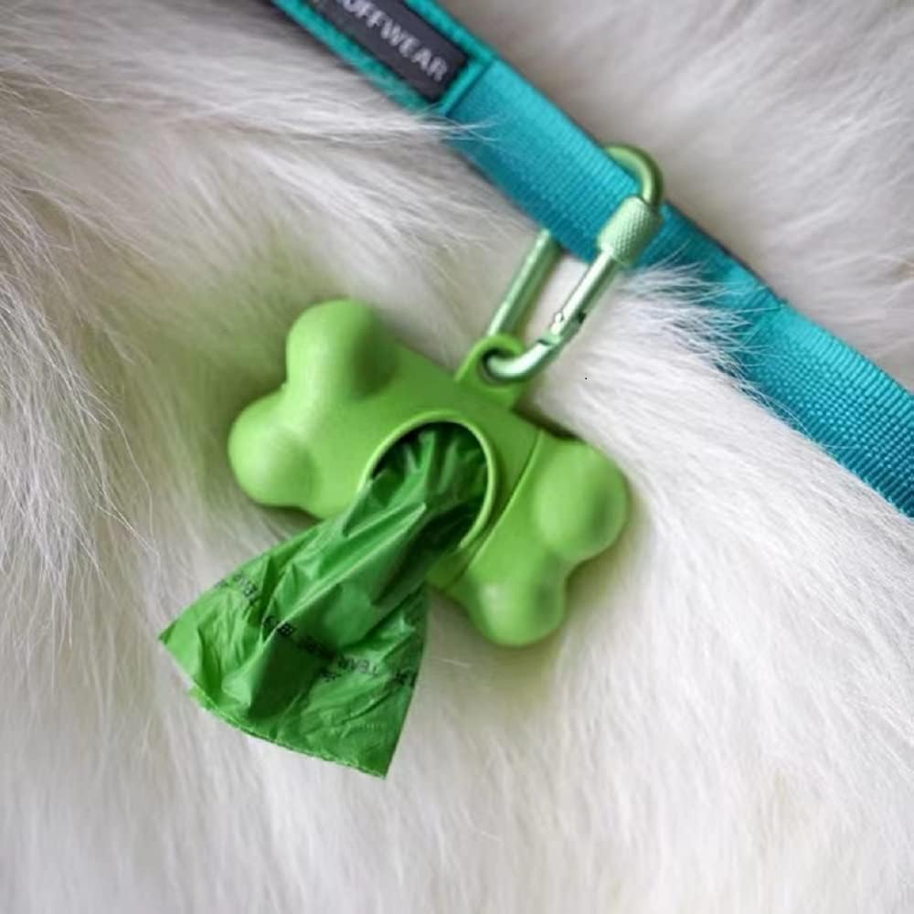 Dog Poop Pickup Bags Holder Dispenser With 1 Roll Random Color Leak-Proof Scented Doggy Waste Bags And Carabiner With Safety Lock Plus Hook And Loop Fastener Never Loose On Leash Lead Again (Green)