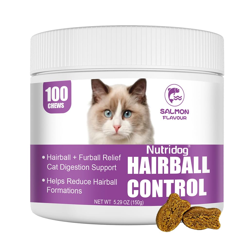Nutridog Hairball Treats for Cats - Hairball Remedy Chews with Omega 3&6, Psyllium Husk, Zinc & Biotin - Salmon Flavor for Hairb
