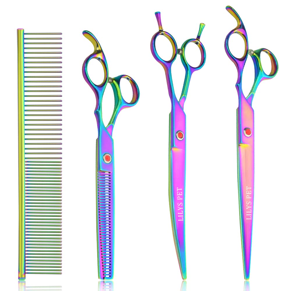 Lilys Pet High-End Series Japan 440C Stainless Steel Professional Pet Grooming Scissors Set,Rainbow Color,Cutting&Thinning&Two-Way Curved Shears Set (8.0')