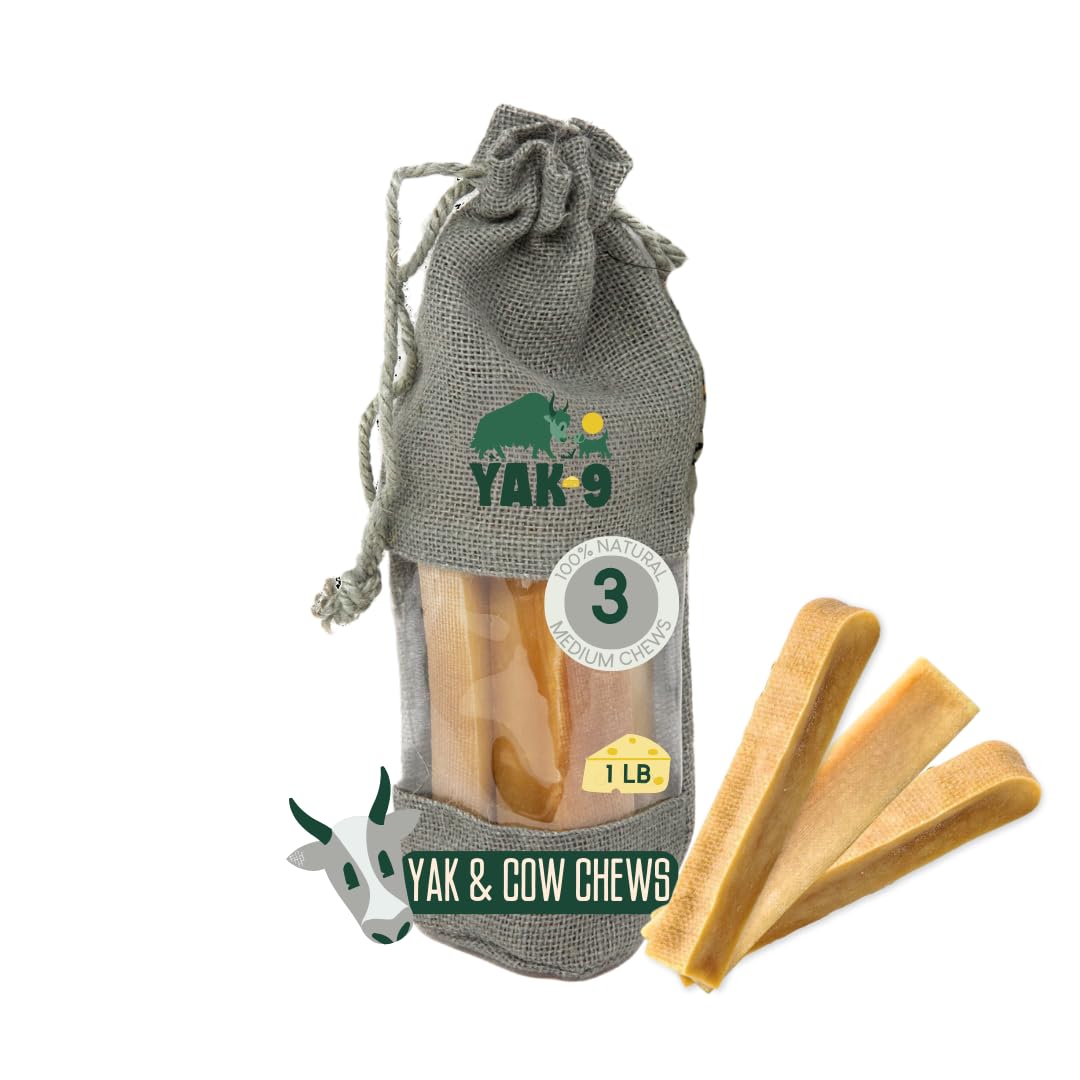 Yak9 Cheese Dog Chews, High Protein Treats, Natural, Rawhide Free, Long Lasting with Vitamins & Minerals, Medium Size, Yak & Cow