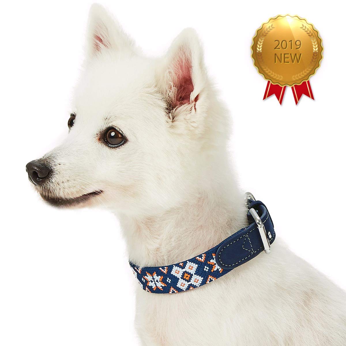 Blueberry Pet 3 Patterns Southwestern Modern Tribal Print Genuine Leather & Polyester Fabric Combo Dog Collar With Metal Buckle
