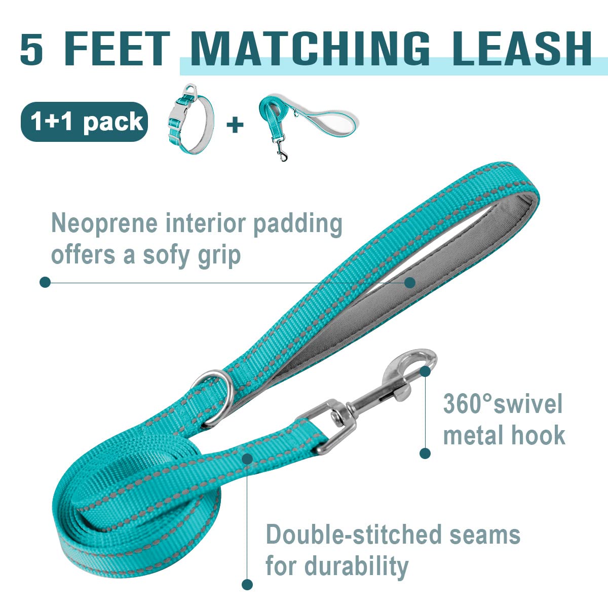 Dog Collar For Medium Small Large Dogs Reflective With Leash,Collar And Leash For Dogs,Soft Neoprene Padded 2 Pack(Blue,Xs)