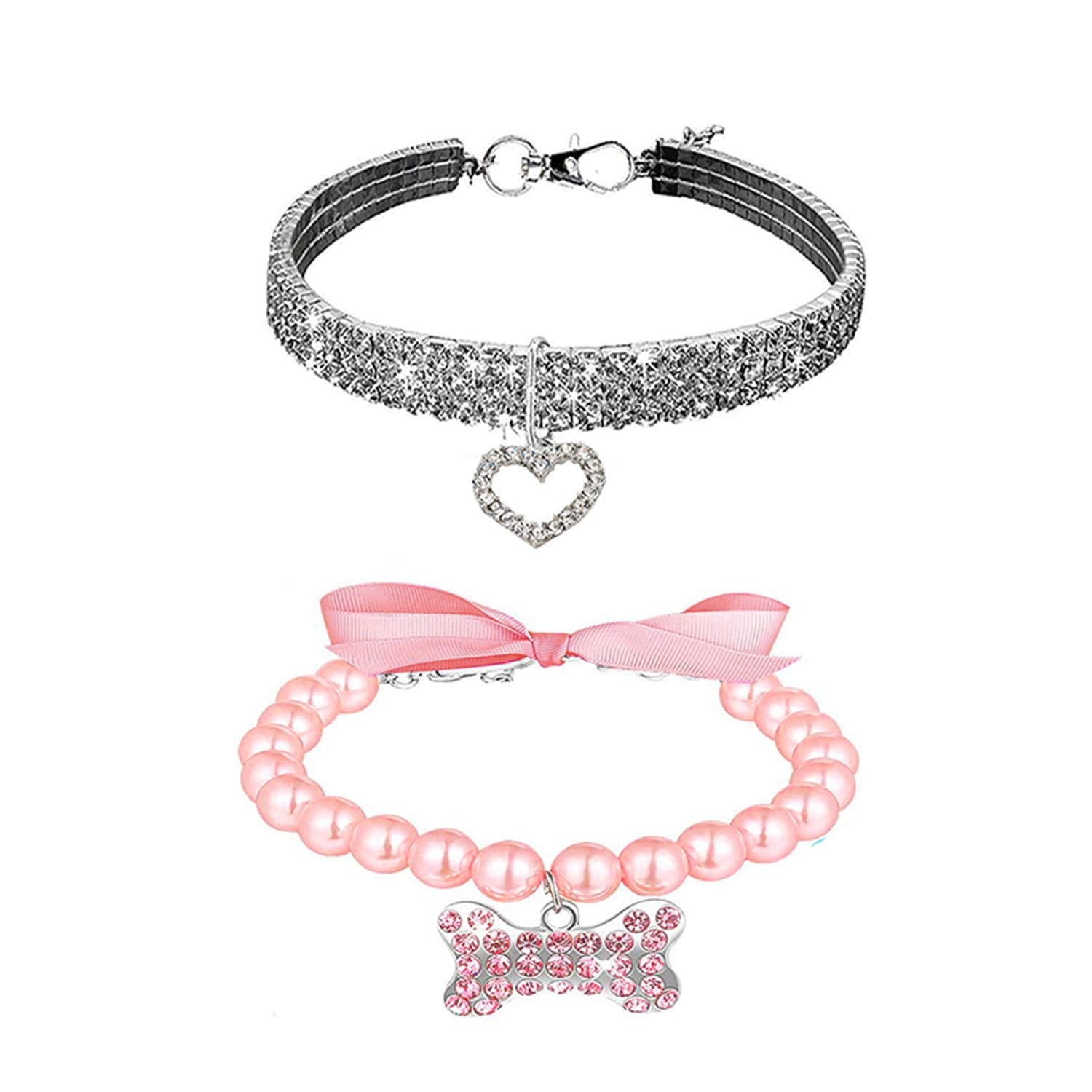 WoYous Rhinestones Dog Collar and Pearl Dog Necklace Set, Adjustable Neck Strap Bling Full Diamond Pearl Dog Collar for Small Ca