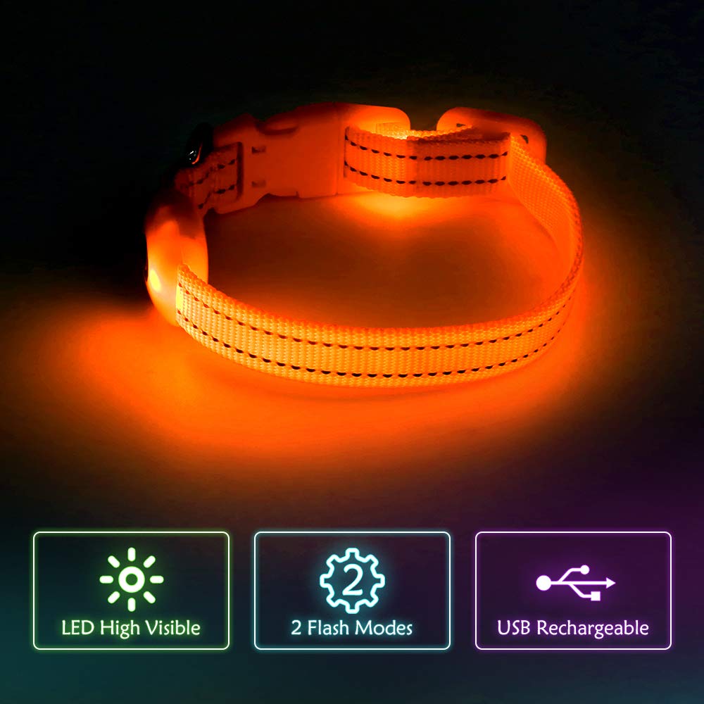Illumifun Small Led Dog Collar, Usb Rechargeable Glowing Safety Collar, Adjustable Nylon Webbing Light Up Collars For Your Puppy (Orange, X-Small)