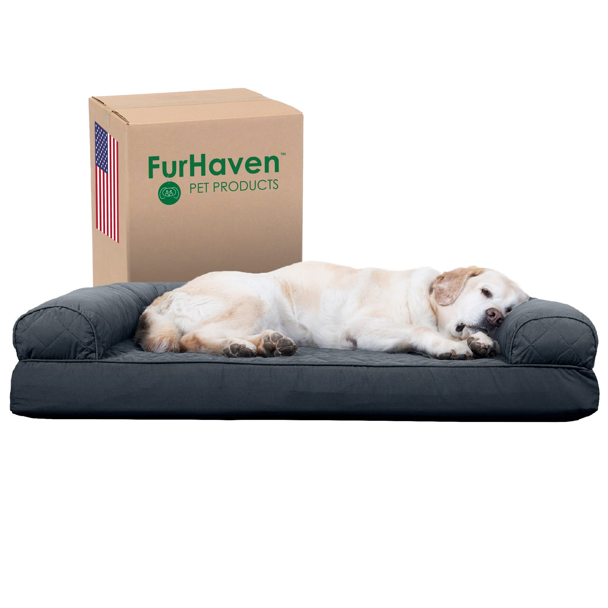 Furhaven Cooling Gel Dog Bed for Large Dogs w/ Removable Bolsters & Washable Cover, For Dogs Up to 95 lbs - Quilted Sofa - Iron 