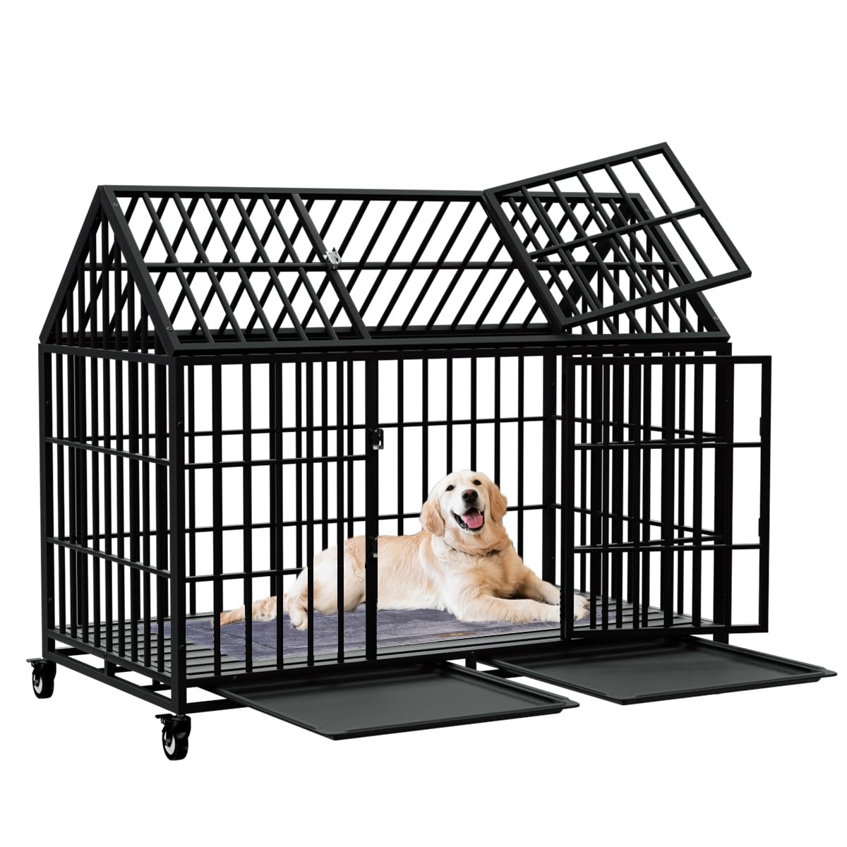 Snuowu 54 Inch Heavy Duty Dog Crate Large Dog Cage Strong Metal Dog Kennels And Crates For Large Dogs Top Open With Wheels 2 Rem