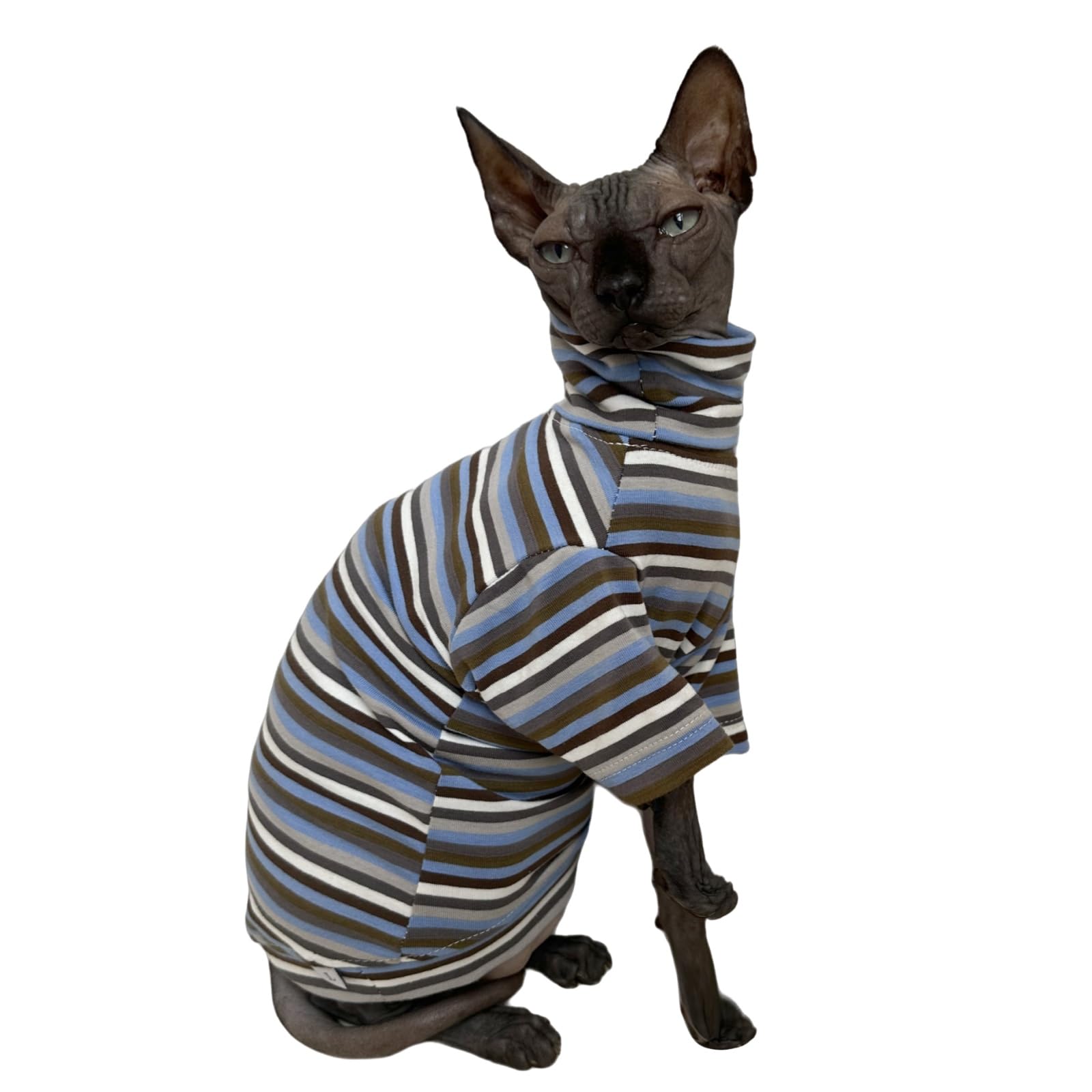 Vintage Stripes Sphynx Hairless Cats Shirt Cotton Cat Turtleneck Pet Clothes Kitten T-Shirts With Sleeves For Sphynx Cats (Storm