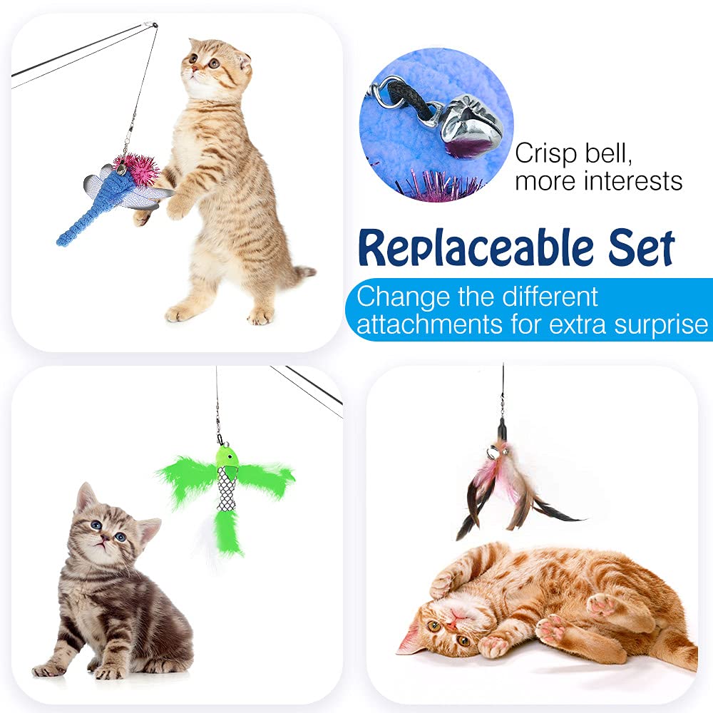 Pawaboo Cat Feather Toys, 4 Pack Interactive Cat Feather Teaser Wand Toys, Retractable Fishing Pole Wand Catcher Exerciser With Refill Fish, Dragonfly Worm With Bells, Fun Cat Kitten Kitty Playing Toy