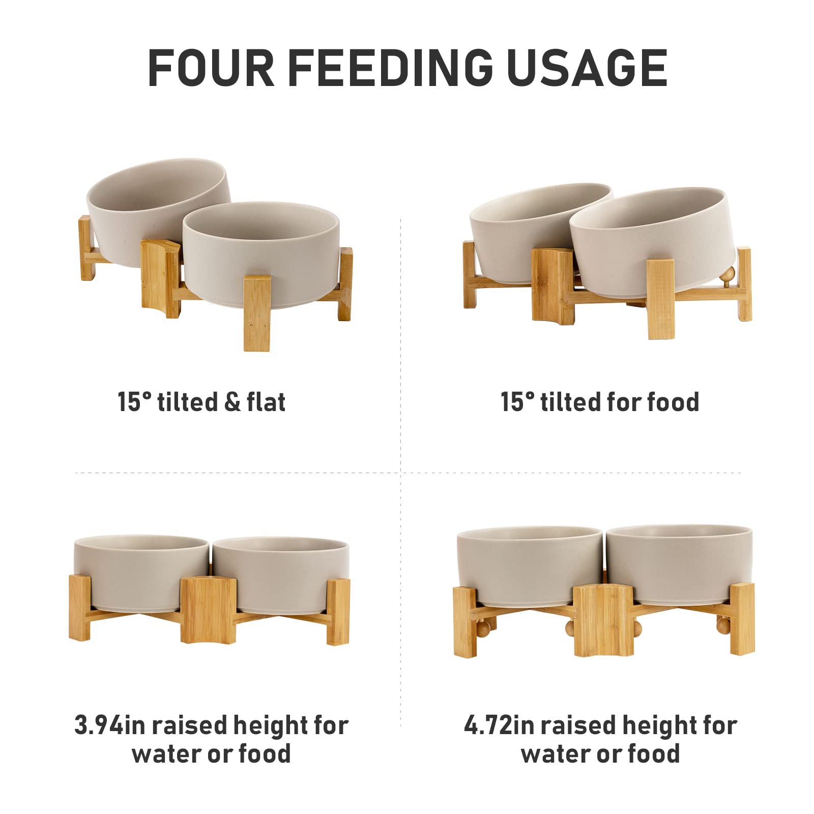 SPUNKYJUNKY 15 Slanted Ceramic Dog and Cat Bowl with Wooden Stand, Tilted Bulldog Food and Water Bowl No Slip Non-Spill for Cats