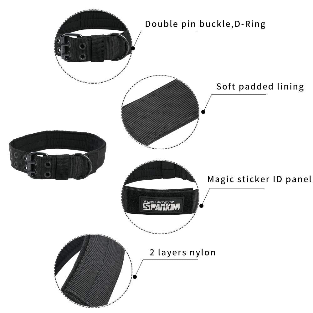 Excellent Elite Spanker 1.5' Width Military Dog Collar Adjustable Metal D Ring & Buckle Working Dog Collar For Medium Large Dogs(Black-Xl)