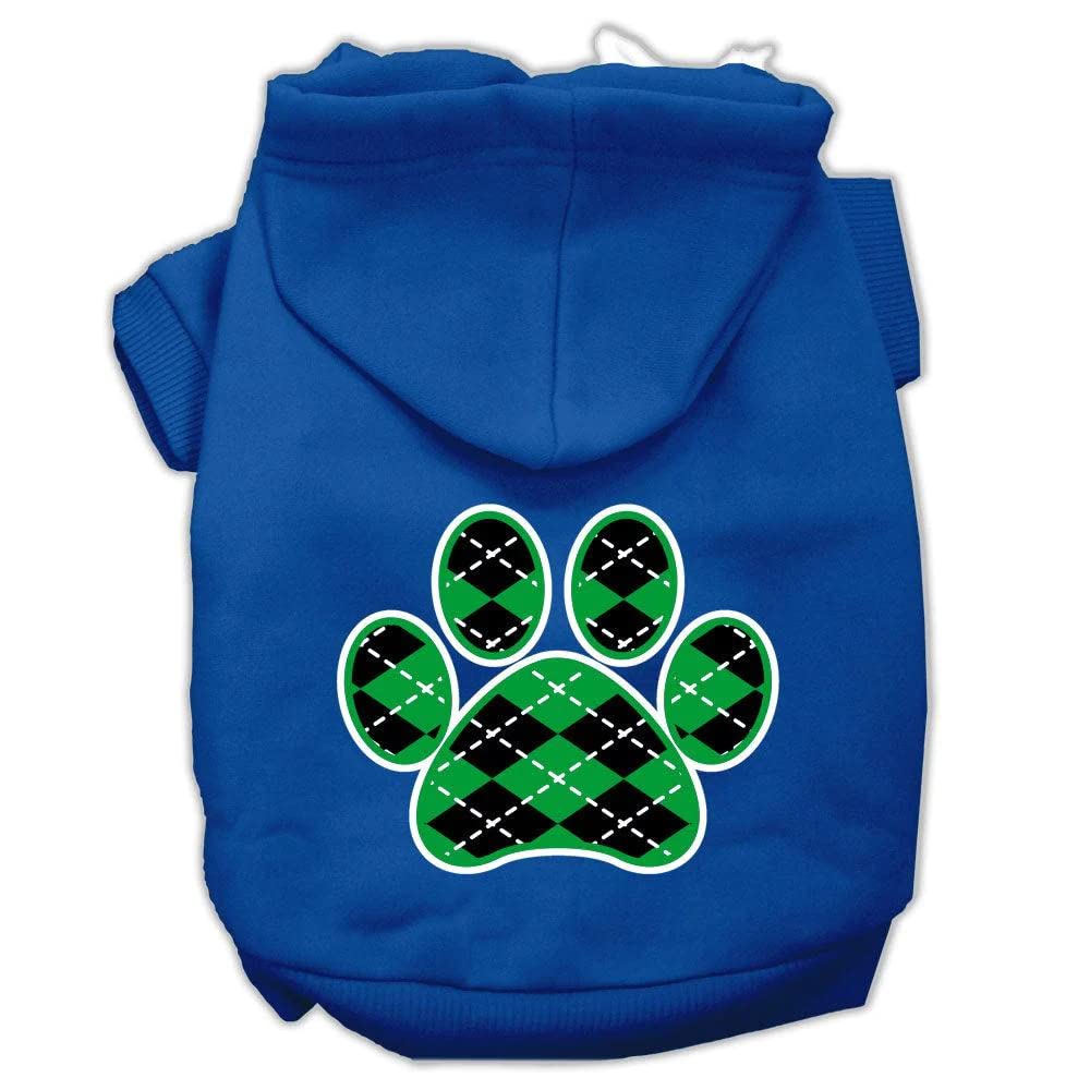 Pet Dog & Cat Hoodie Screen Printed, Green Argyle Paw Blue XS (0-3 lbs.)