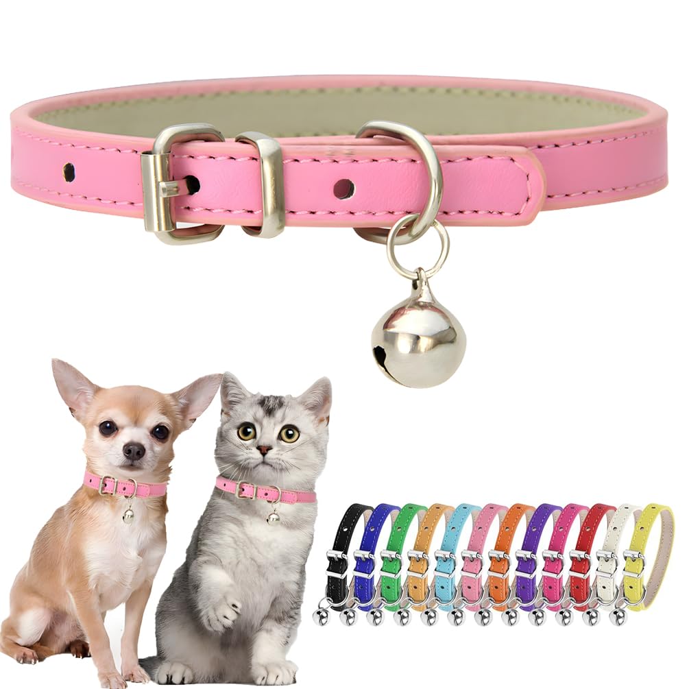 Pink Puppy Collar With Bell Girls Pu Leather Small Dog Collars For Female Dogs Adjustable Buckle Kitten Cat Collar With Bells Fo