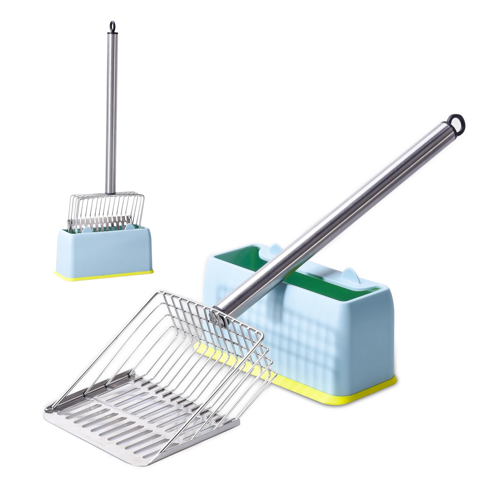 PETOCAT Metal Cat Litter Scoop with Holder Stainless Steel Kitten Poop Scooper, 17.5 Heavy Duty Pet Poop Sifter for Cat Box, Lon