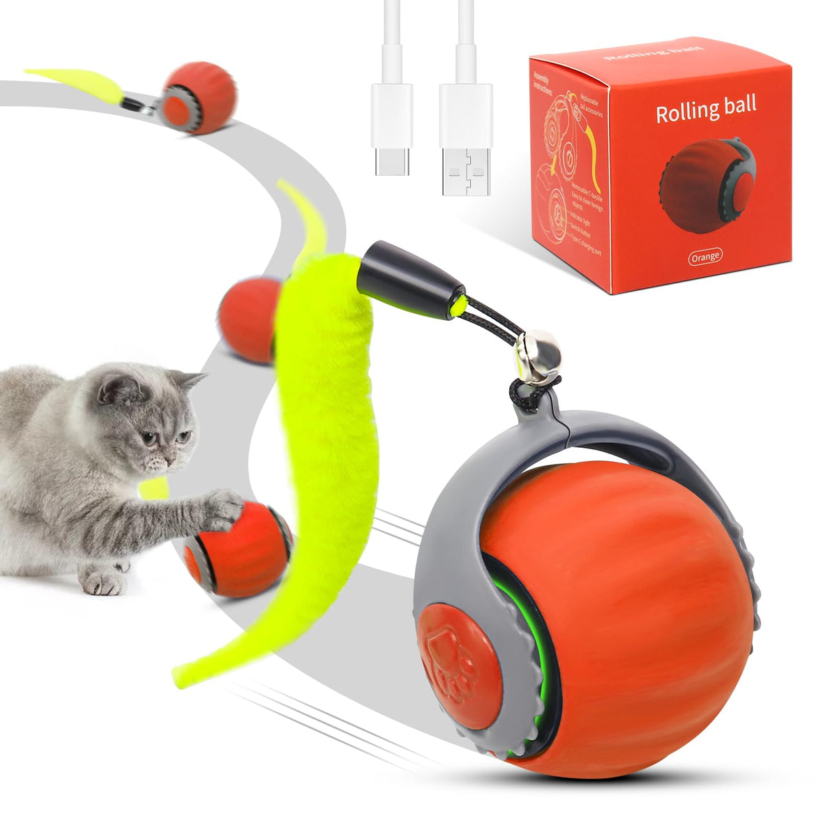 Mrdurns Interactive Cat Ball Toy, Automatic Moving Ball Toys For Indoor Cat, Anti Depression Pet Toy,Orange