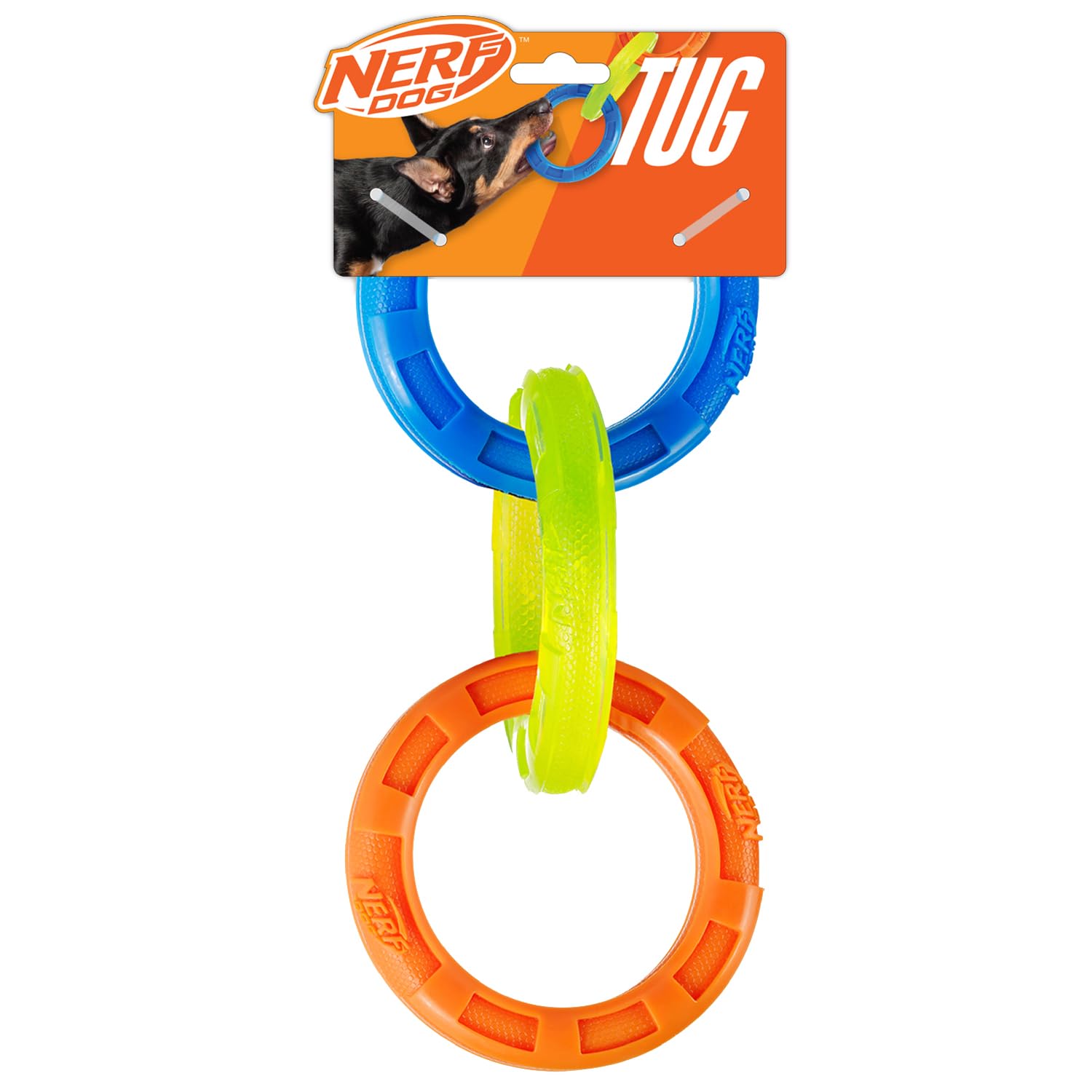 Nerf Dog 10.5In Rubber 3-Ring Tug Dog Toy, Lightweight, Durable And Water Resistant, Single Unit, Blue/Green/Orange
