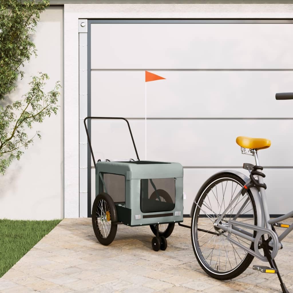 vidaXL Pet Bike Trailer-Gray/Black-Iron Frame Oxford Fabric-PVC Cover-Multiple Air Vents-Reflective Safety Features