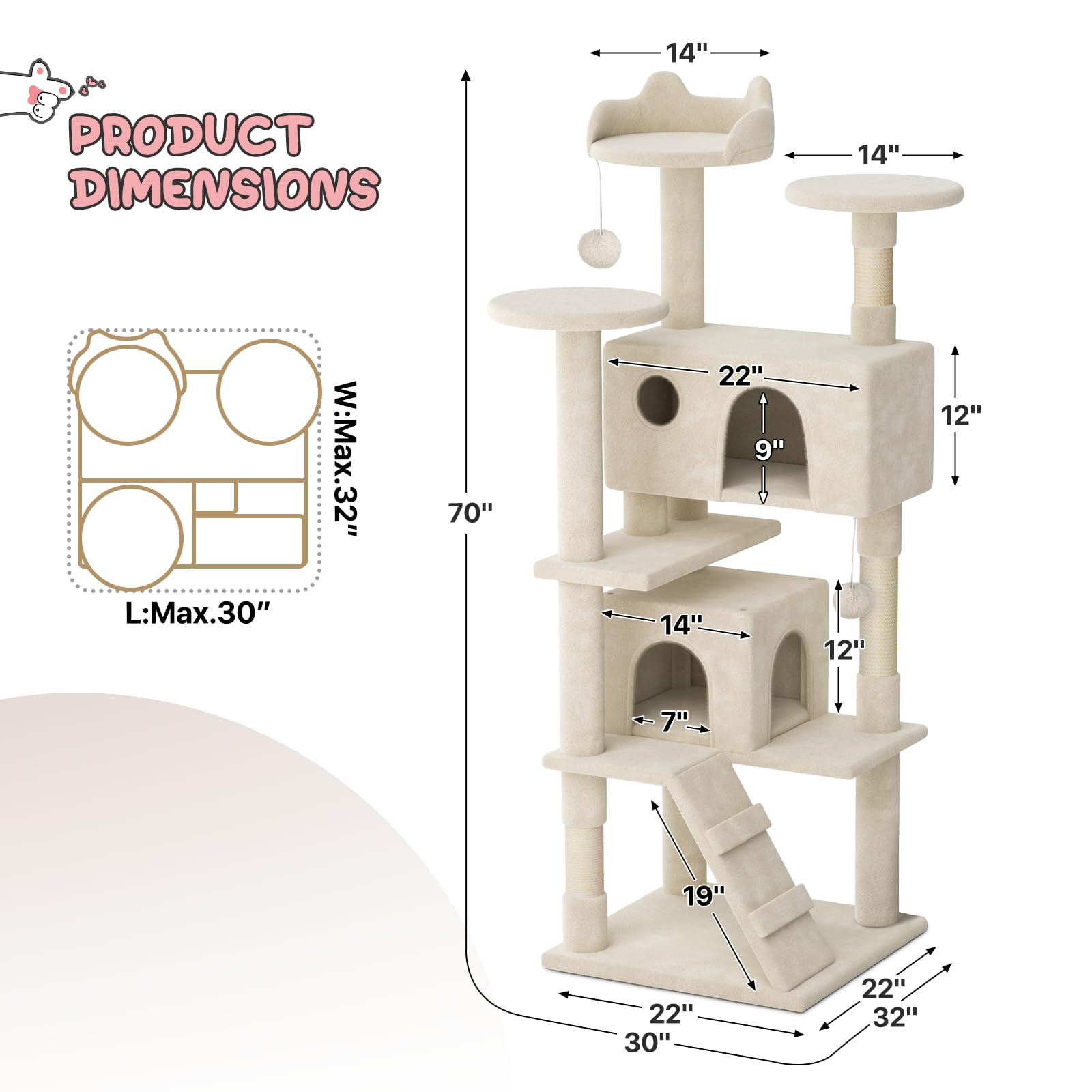 MoNiBloom Cat Tree, 70 Inch Cat Tree Tower with 2 Condo, Tall Cat Tower with Scratching Post, Cat Climbing Tower, Cat Tree for I
