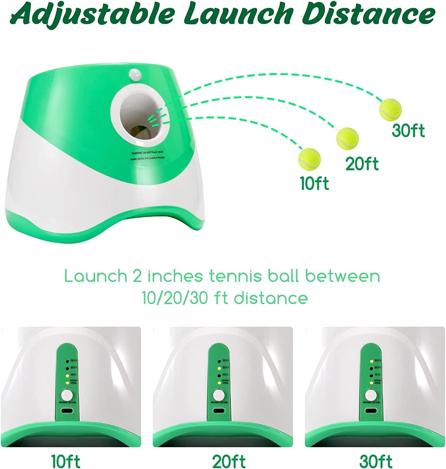 SOCO Automatic Ball Launcher for Small Dogs, USB Rechargeable, 10-30 Ft Range, Green, Includes 15 Mini Tennis Balls, Model ATBLG15