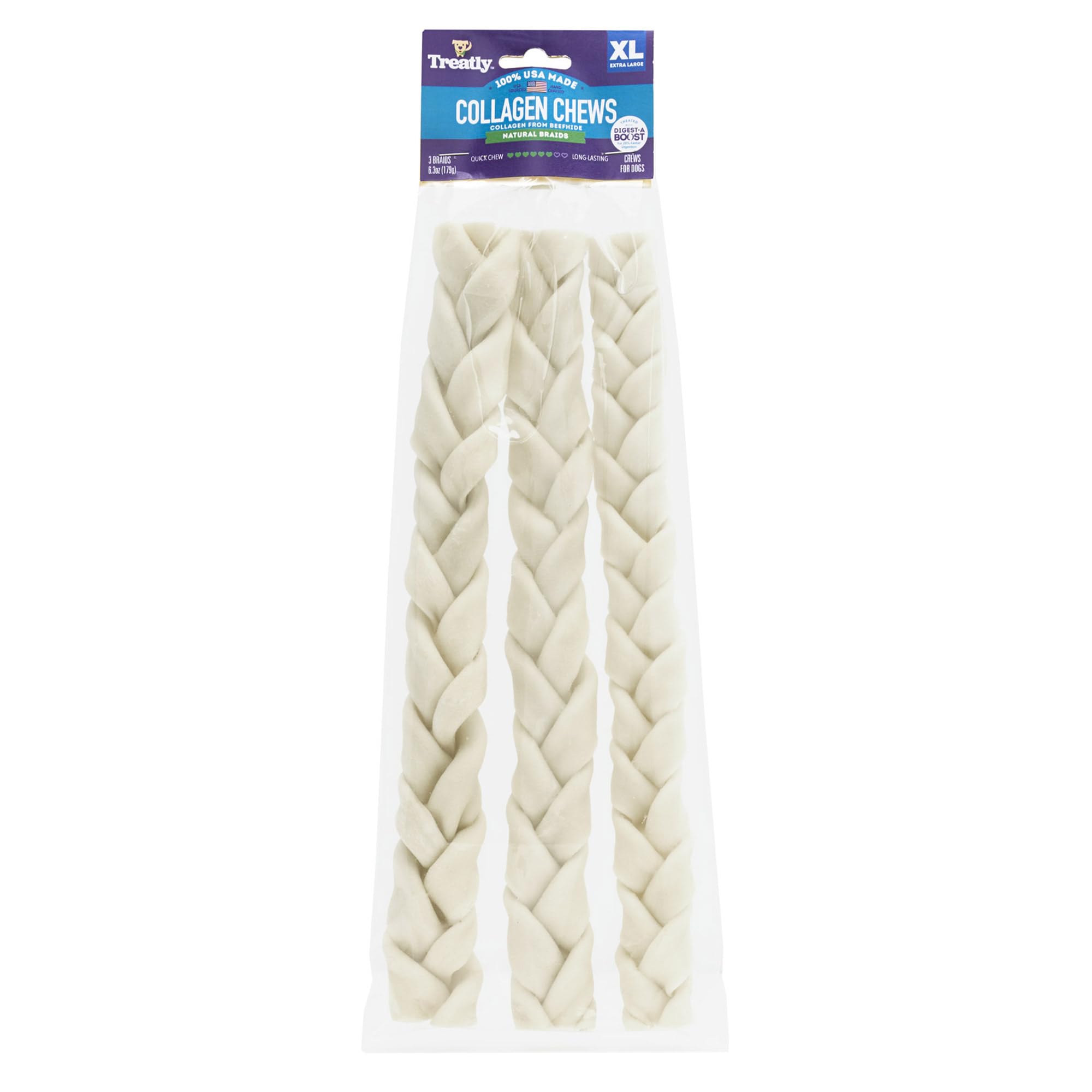 Treatly USA Collagen Braids 12-13 Dog Chew Treats - Natural Flavor, 3 Count/1 Pack