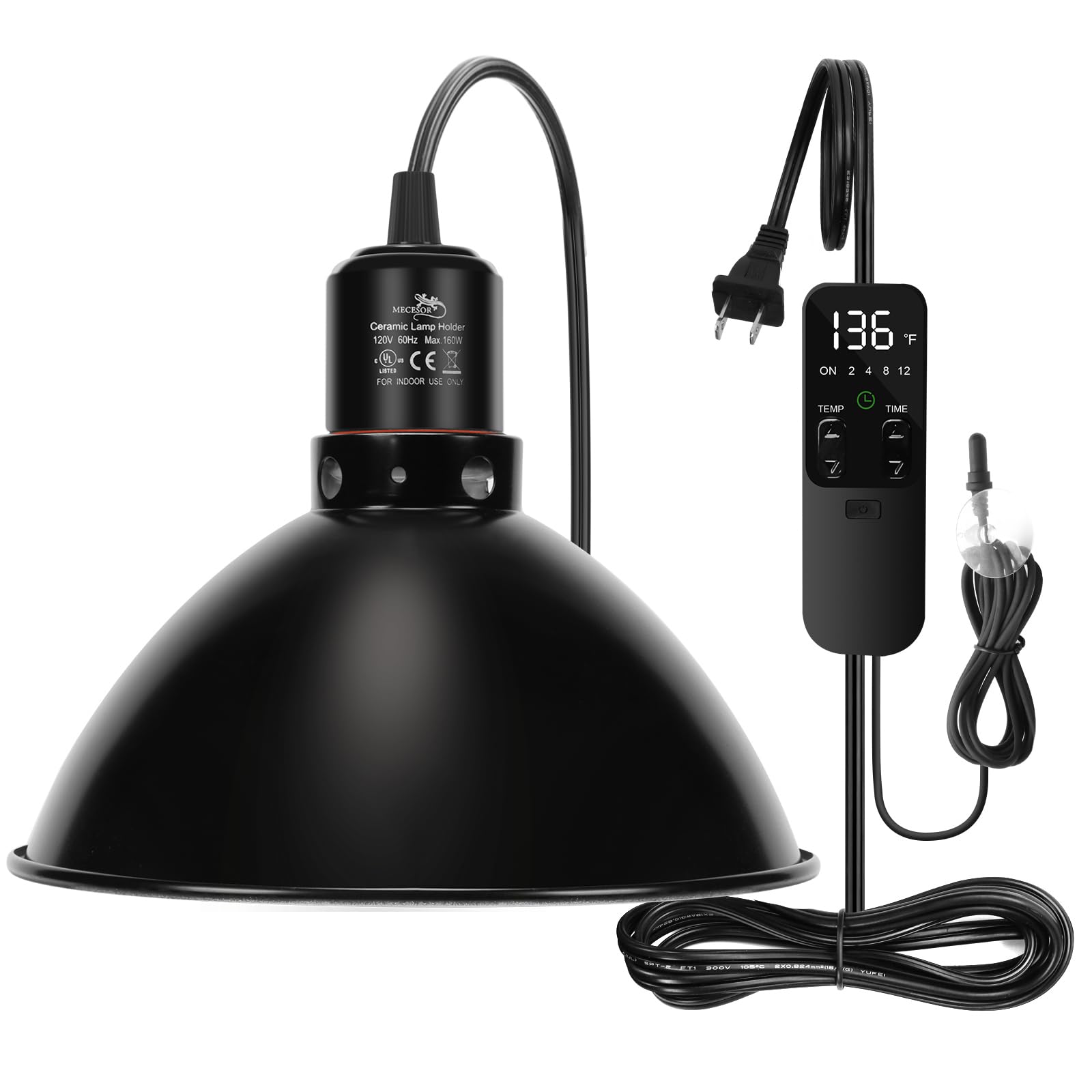 Mecesor Reptile Light Fixture With Thermostatic Timer, 8.5 Inch Deep Dome Lamp Cap Reptile Heat Lamp Fixture With Separate Switc