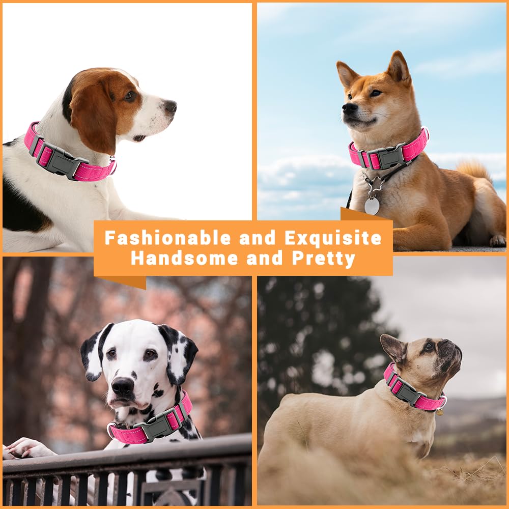 Lievuiken 2 Pack Reflective Dog Collar With Safety Locking Buckle, Adjustable Soft Breathable Comfortable Nylon Pet Collar For Small, Medium And Large Dogs, Hotpink, M