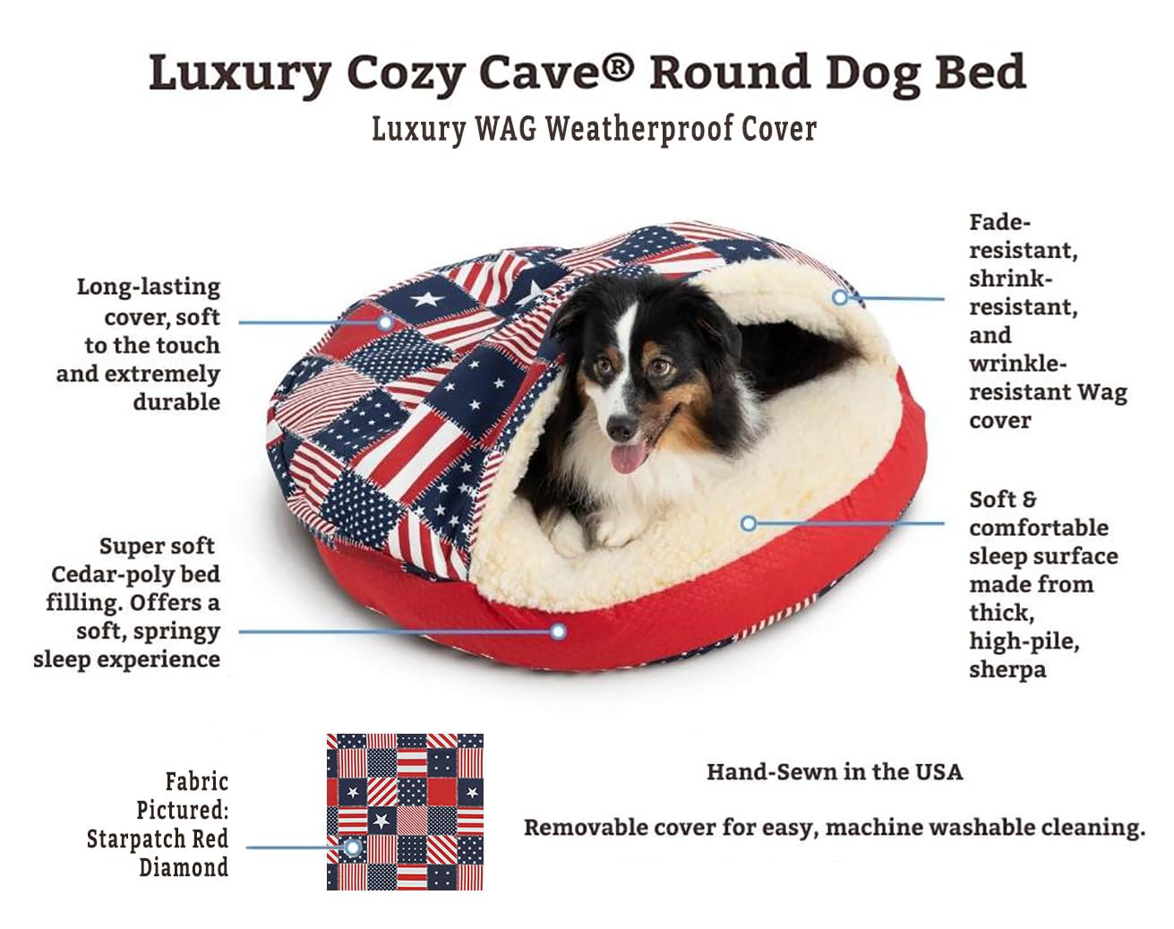 Snoozer Luxury Cozy Cave Pet Bed, Wag Collection, Large - Starpatch Red Diamond
