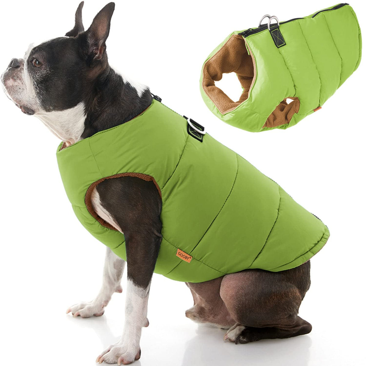 Gooby Padded Vest Dog Jacket - Solid Green, Small - Warm Zip Up Dog Vest Fleece Jacket With Dual D Ring Leash - Water Resistant Small Dog Sweater - Dog Clothes For Small Dogs Boy And Medium Dogs