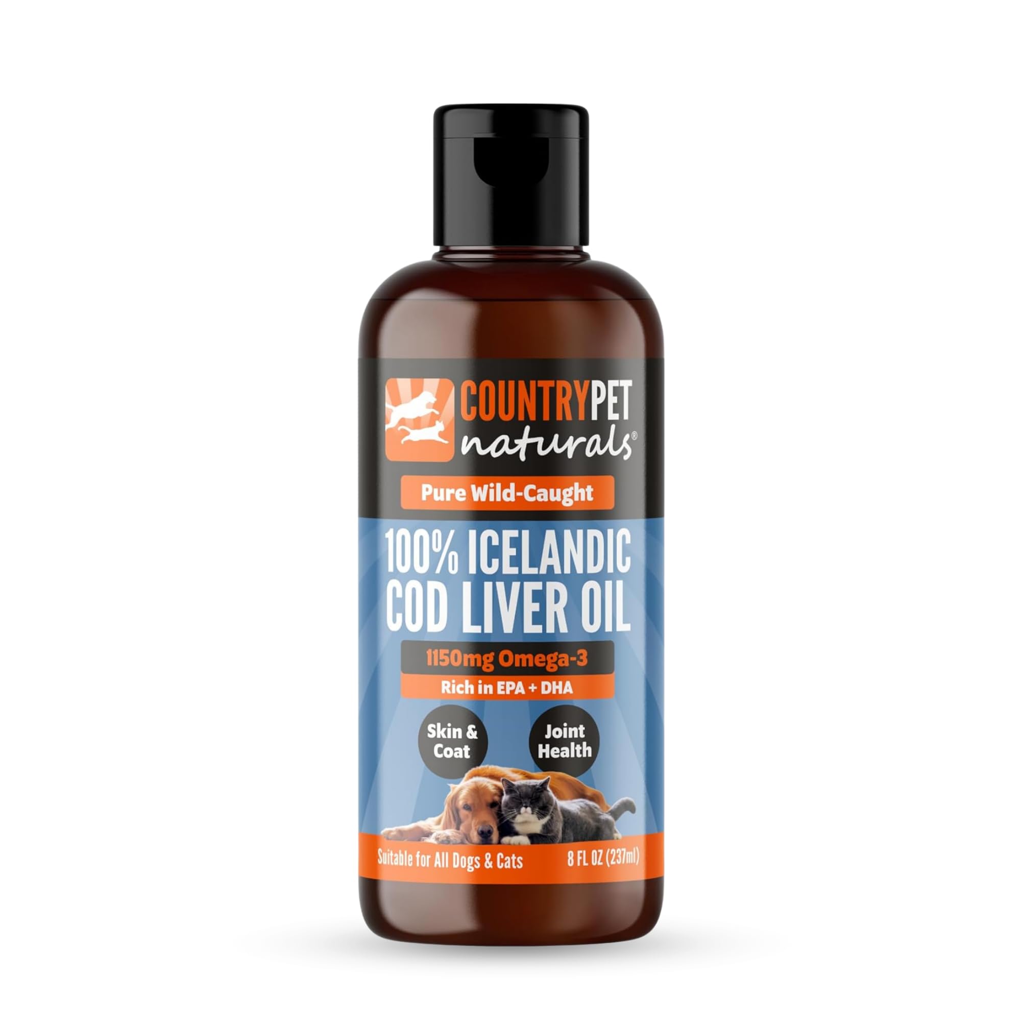 CountryPet Naturals Wild-Caught Pure Icelandic Cod Liver Oil for Dogs & Cats 8oz, Single-Ingredient, 1150 mg Omega-3, High EPA/D