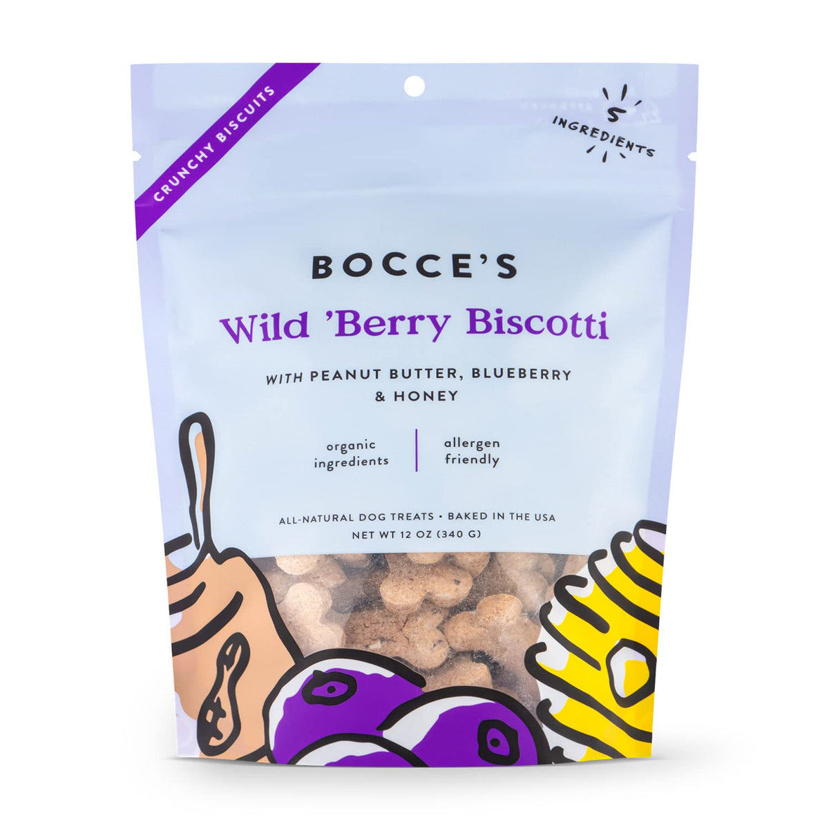 Bocce'S Bakery All-Natural, Small Batch, Organic Dog Treats, Wild 'Berry Biscotti Biscuits, Wheat-Free, Limited-Ingredient, Made In The Usa With 100% Recyclable Packaging, 12 Oz Bag (Dg-Bc-Wbb)