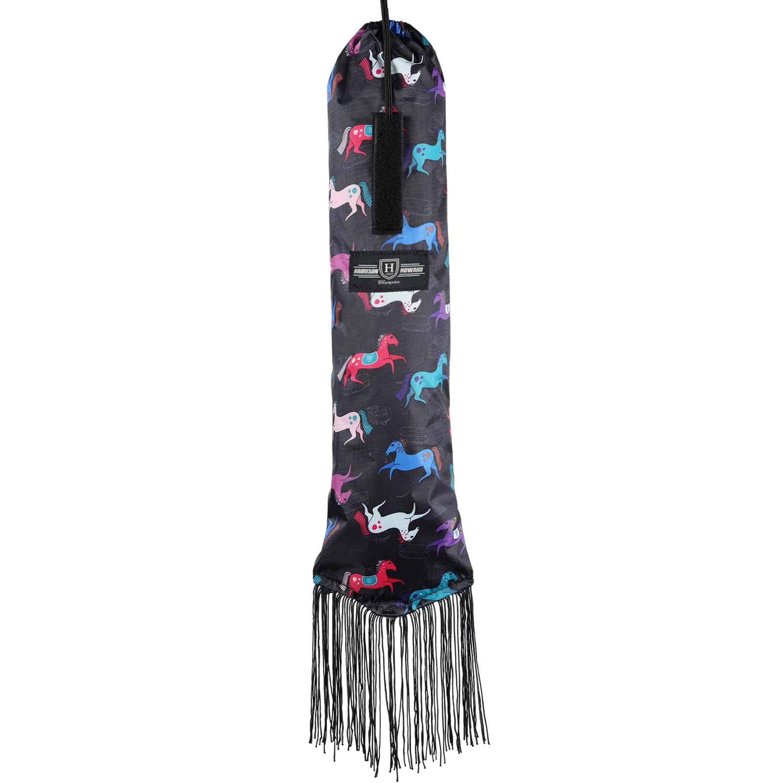 Harrison Howard Smooth Lightweight Adjustable Fastener Nylon Horse Tail Bag With Fringe-Pony Print Black