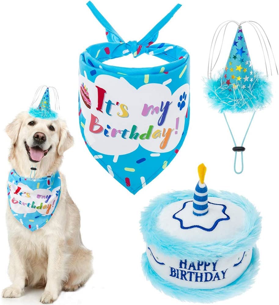 Expawlorer Dog Birthday Bandana Set - Cute Hat And Squeaky Cake Toy For Birthday Party Supplies Gift - Great For Small Medium La